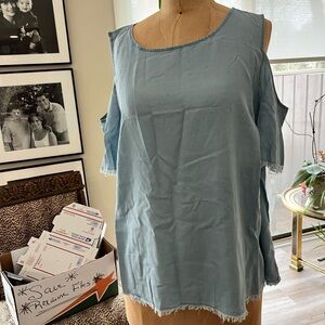 Shoulder less denim top.  Size m. NWT. Ragged sleeves and bottom. All cotton.